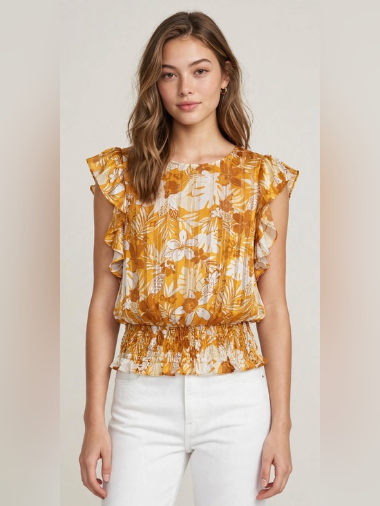 Pleione Tops - Pleione Women’s Medium Mustard Floral Ruffle Sleeve Smocked Waist Blouse